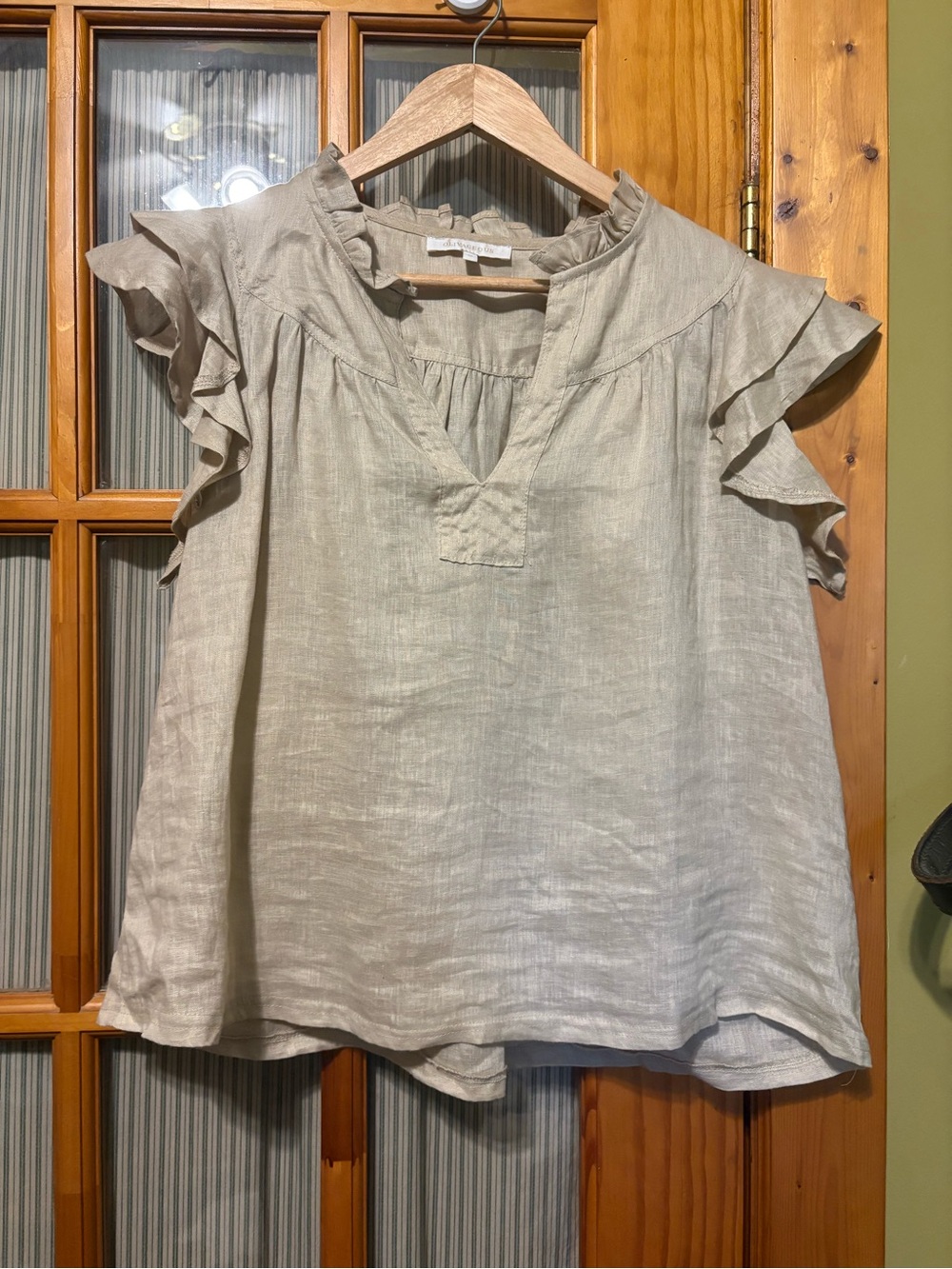 Olivaceous Linen Ruffle Sleeve V-Neck Top in Light Beige